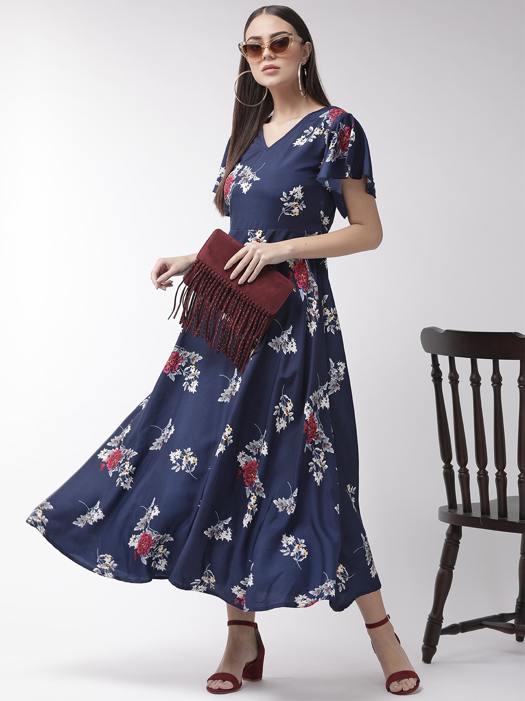 U&F Navy Blue & White Floral Printed Maxi Dress