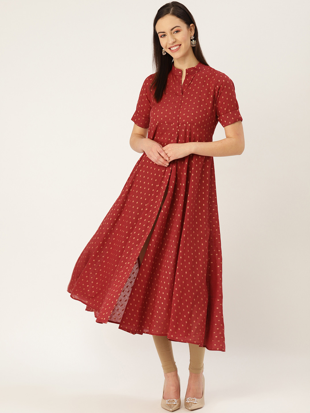 MBE Women Rust Red & Golden Woven Design High-Slit A-Line Kurta