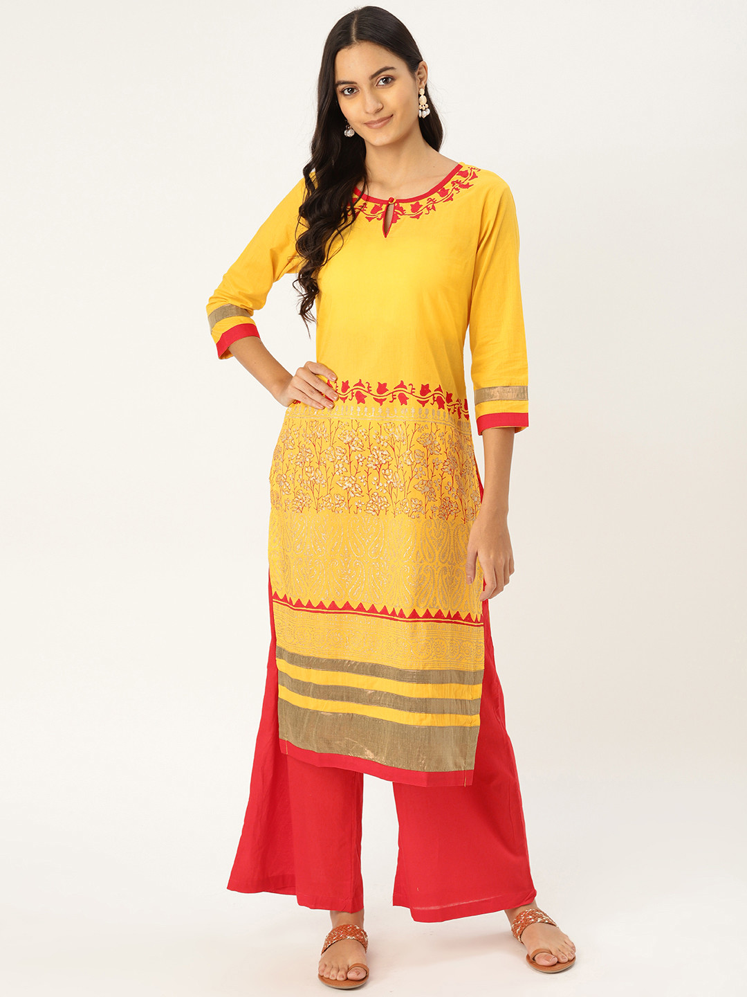MBE Women Yellow & Red Block Printed Kurta with Palazzos
