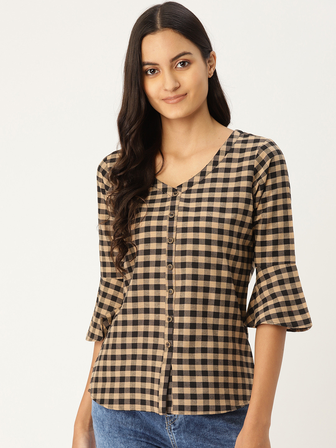 MBE Women Beige &  Black Checked Pure Cotton Top