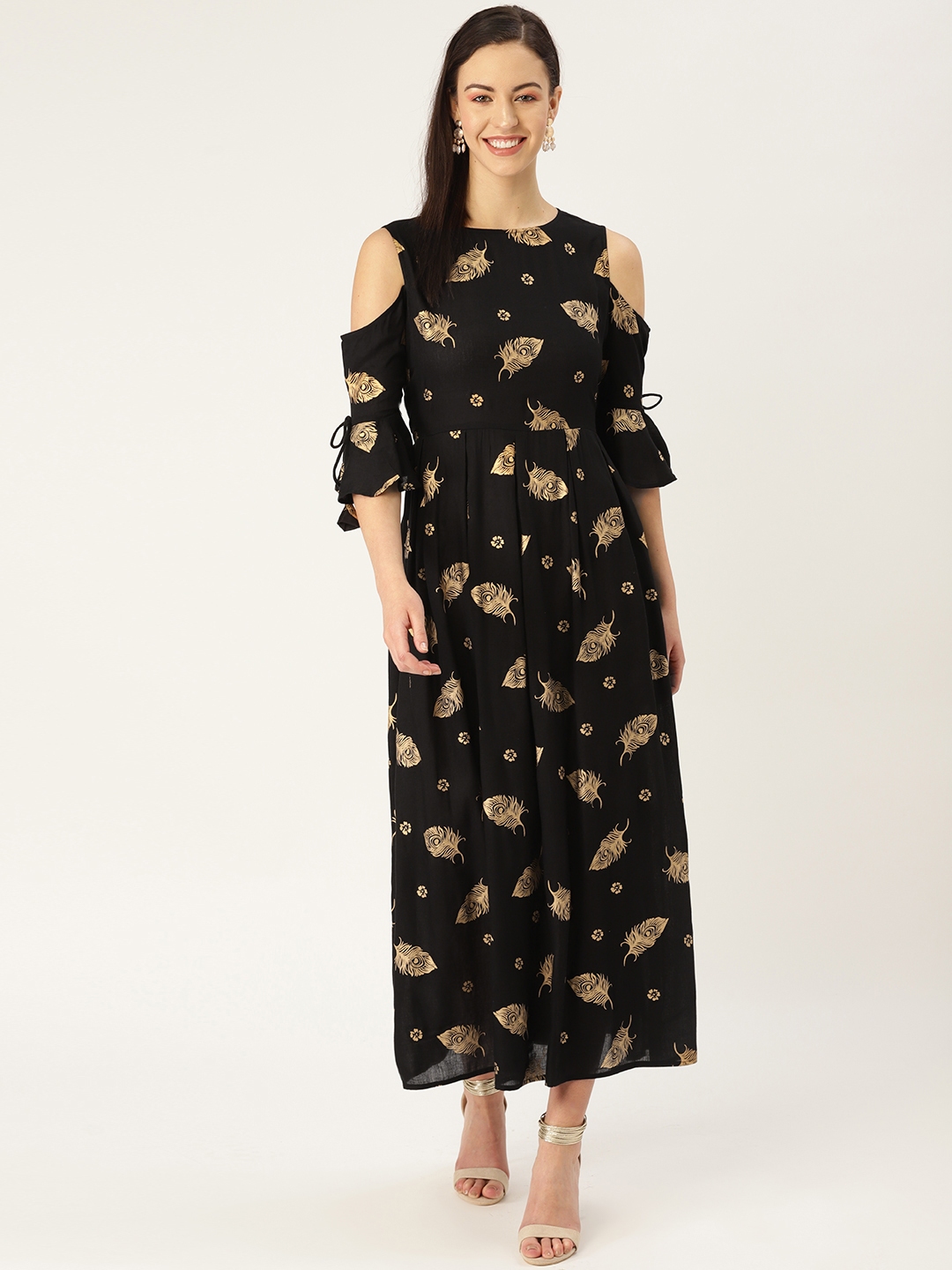 MBE Women Black Golden Peacock Feather Printed Cold Shoulder Maxi Dress
