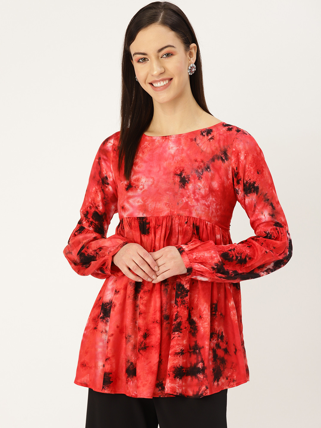 MBE Women Red & Black Dyed Empire Top