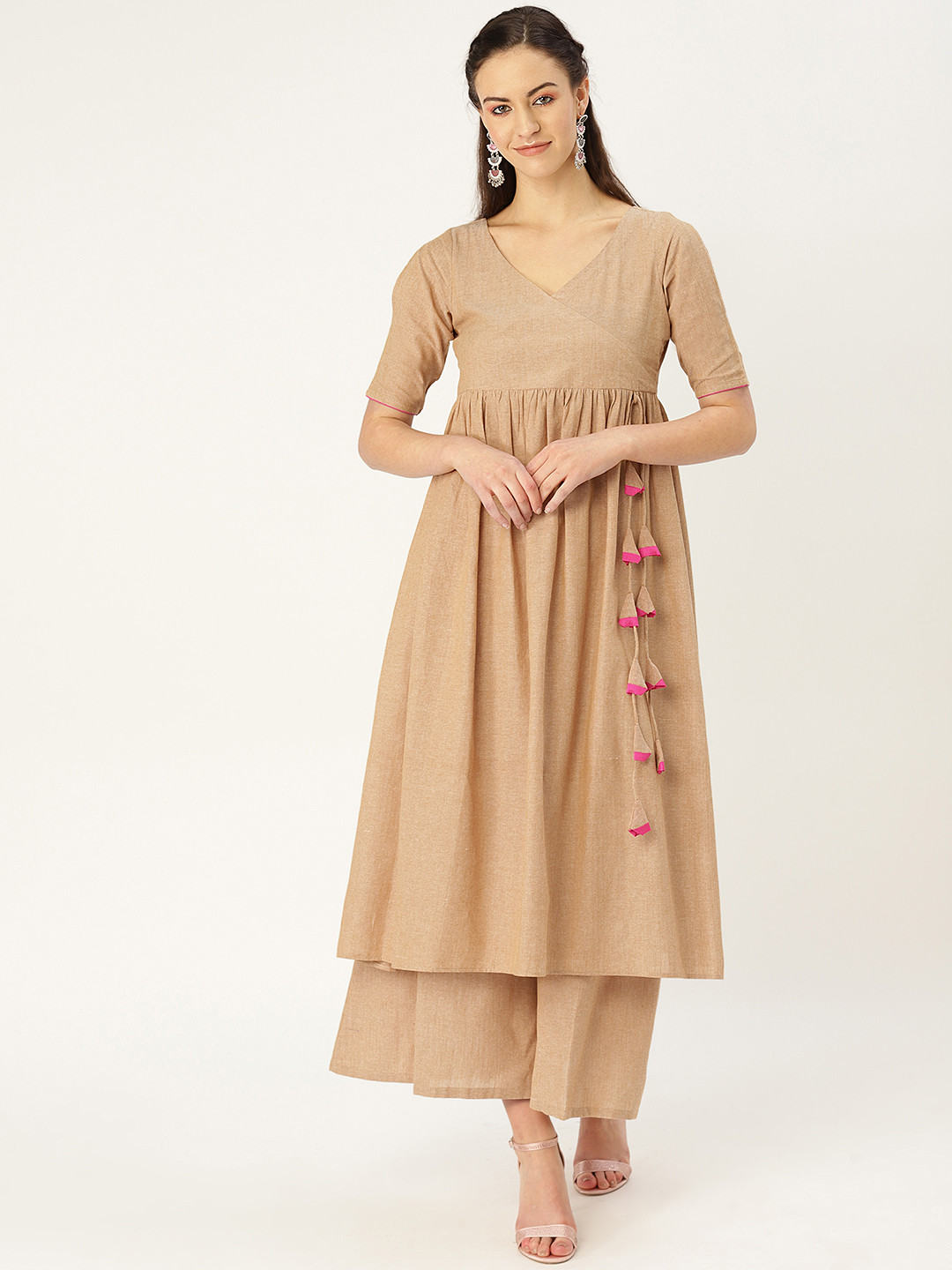 MBE Women Beige Solid Angrakha Kurta with Palazzos