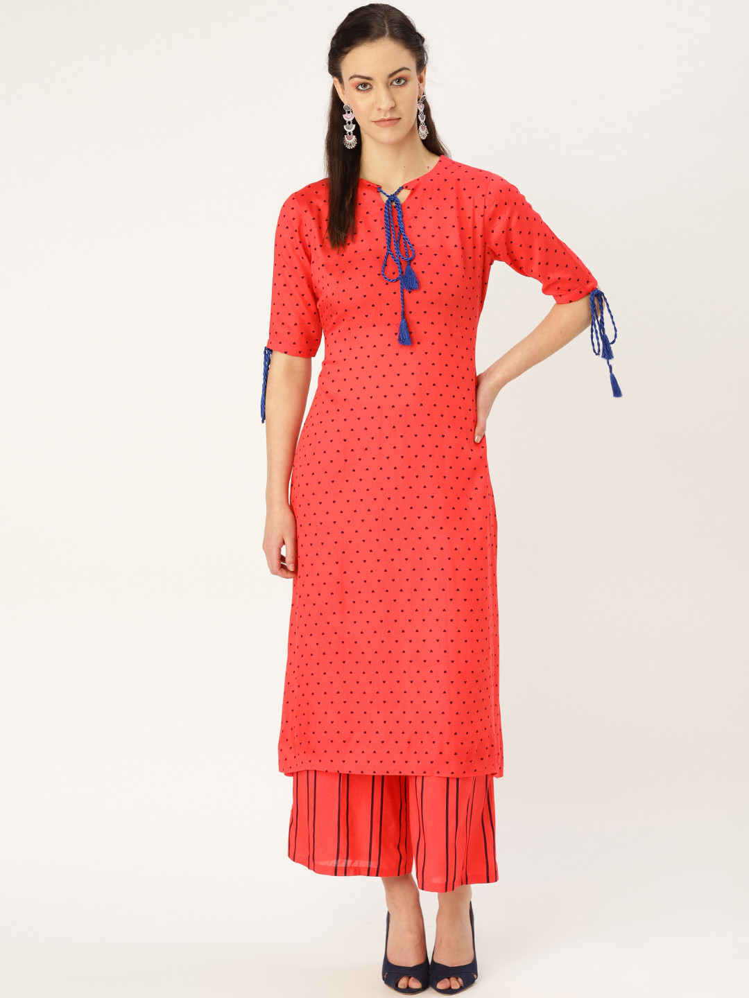 MBE Women Coral Red & Navy Blue Printed Kurta with Palazzos