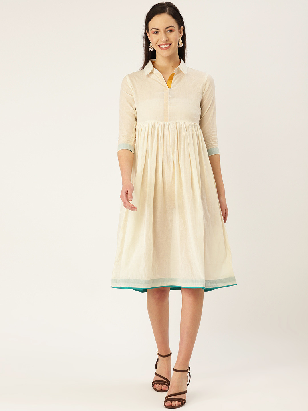 MBE Women Off-White Solid A-Line Dress