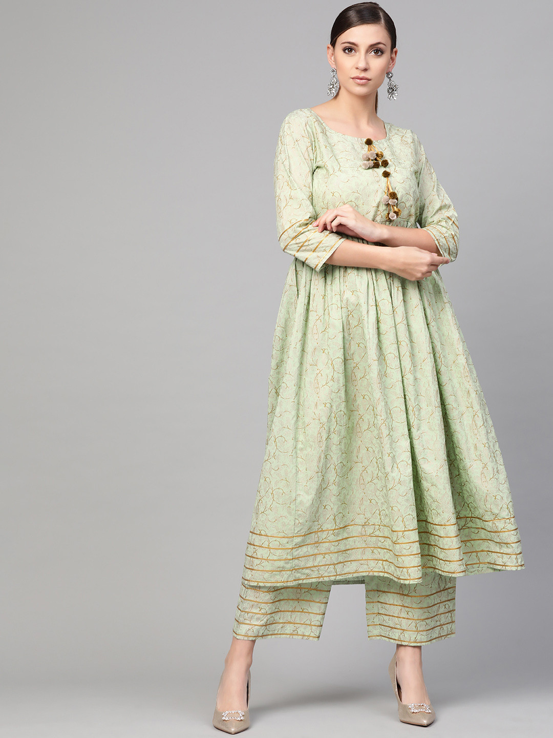 Idalia Women Green & Golden Printed Kurta with Palazzos