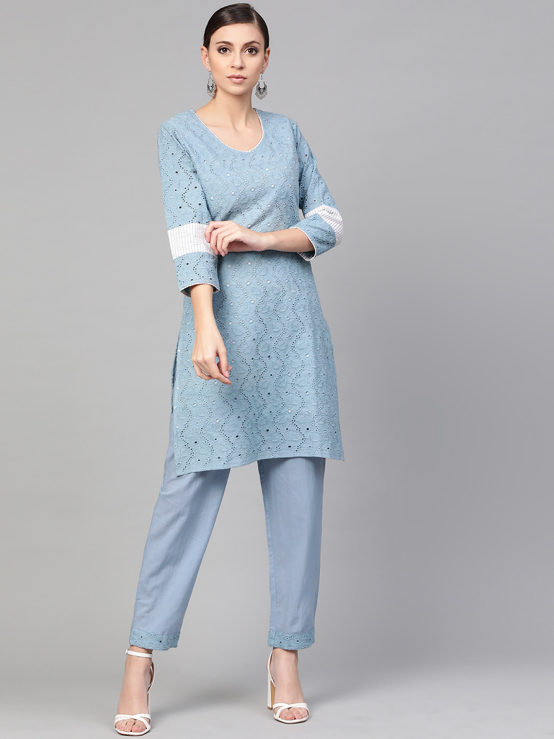 Idalia Women Blue Chikankari Embroidered Kurta with Trousers