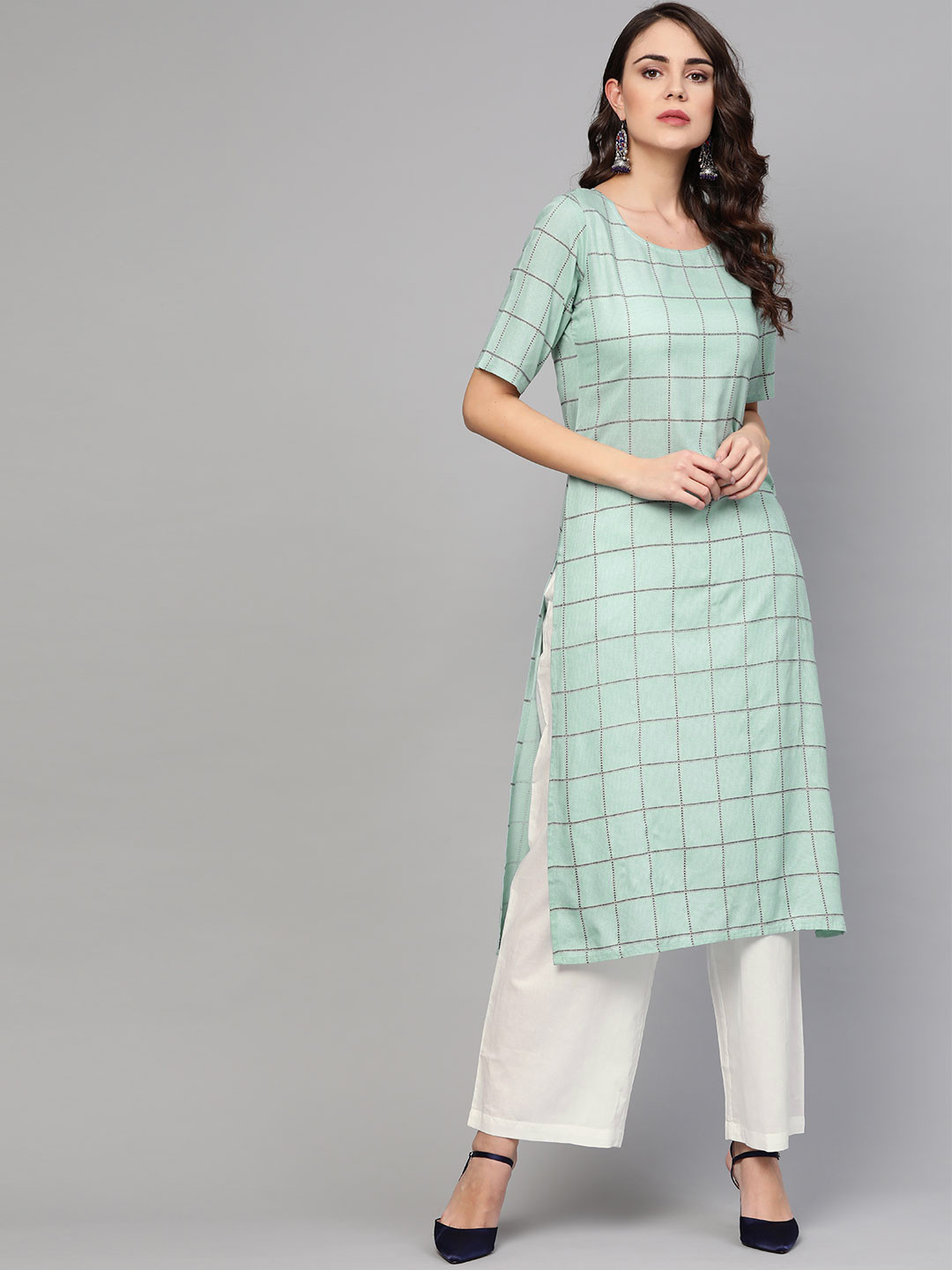 Idalia Women Green Checked Kurta with Palazzos