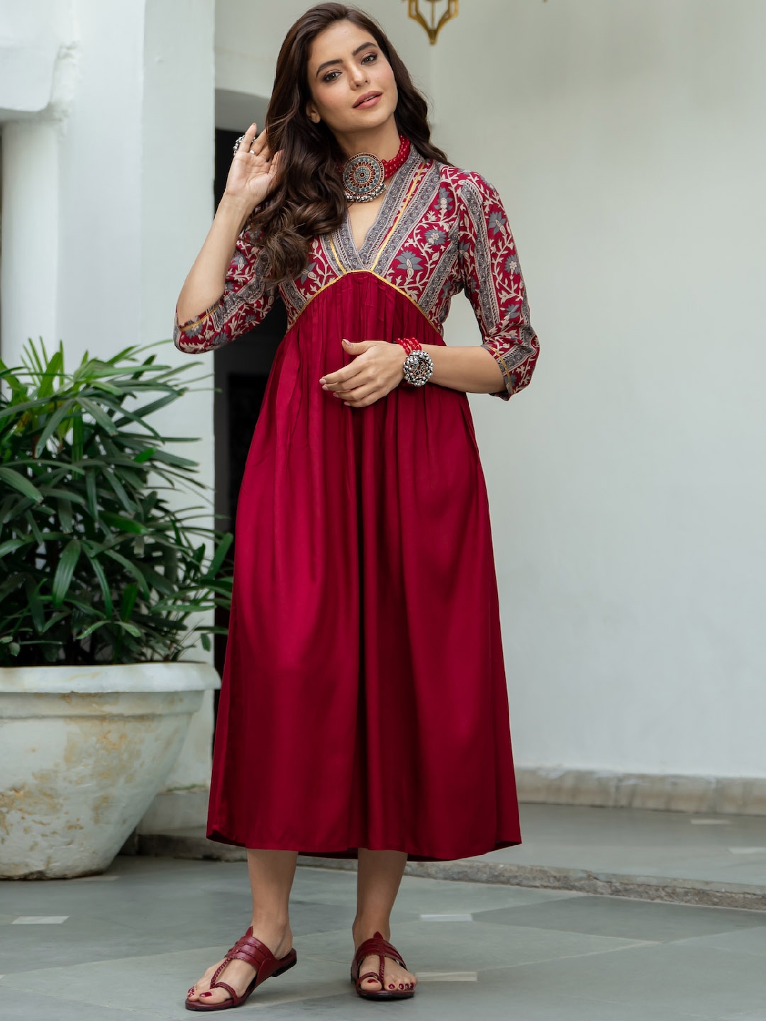 Rustorange Women Maroon Grey Printed A Line Dress