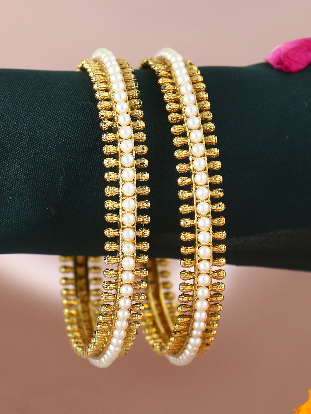 Adwitiya Set of 2 Off-White Pearl Embellished Gold-Plated Handcrafted Bangles