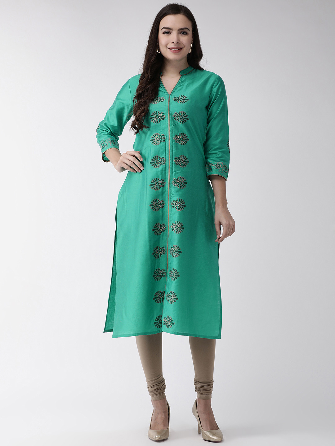 RANGMAYEE Women Green & Golden Hand Block Print Straight Kurta