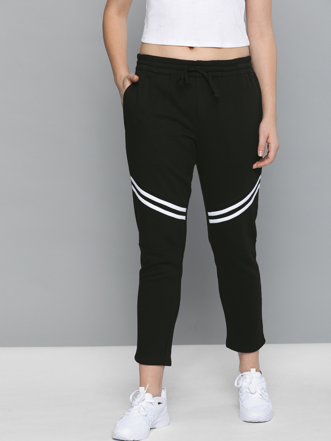 Harvard Women Black Straight Fit Solid Cropped Track Pants with Knee Stripe Patch