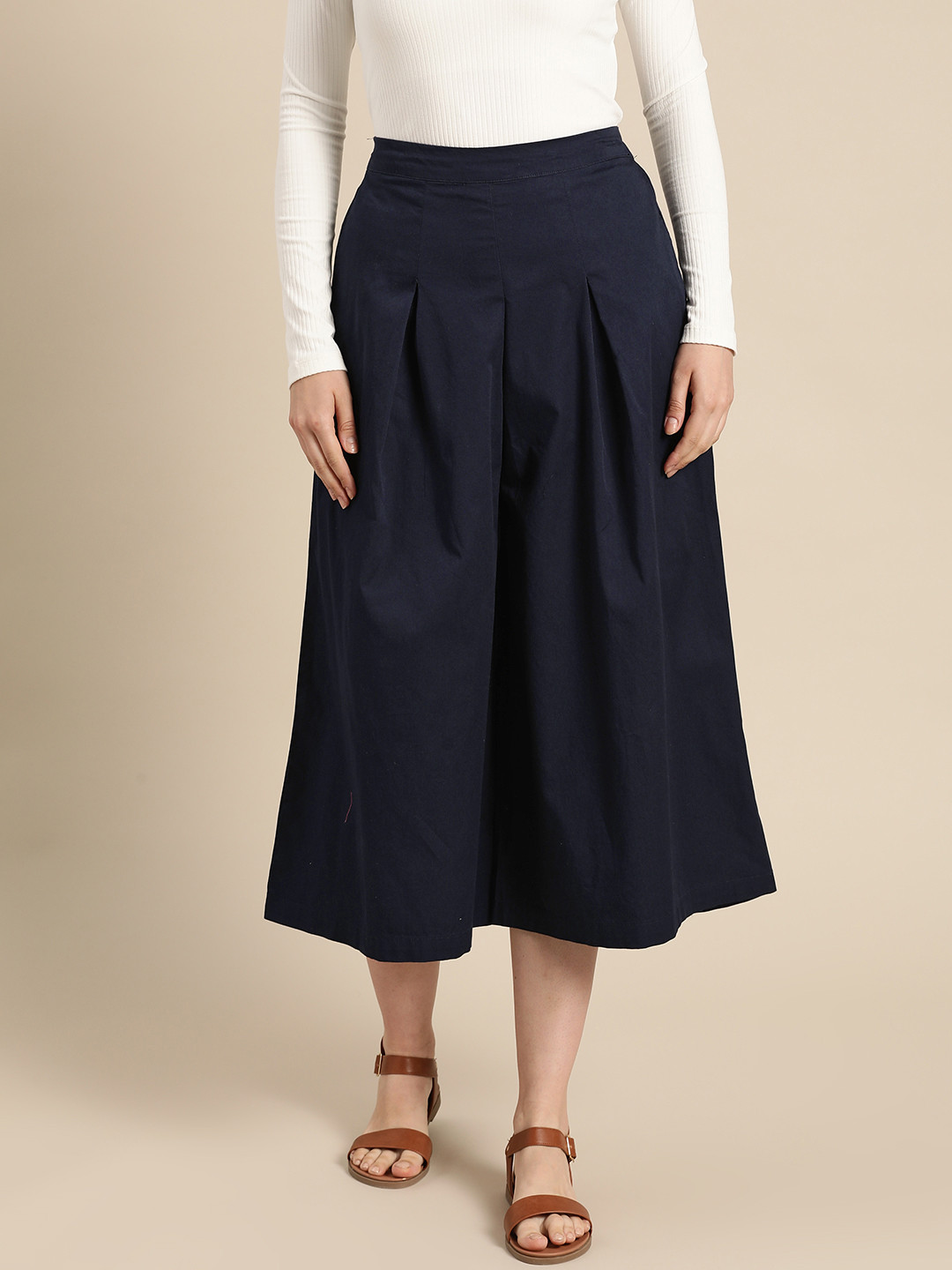 ether Women Navy Blue Flared Solid Culottes