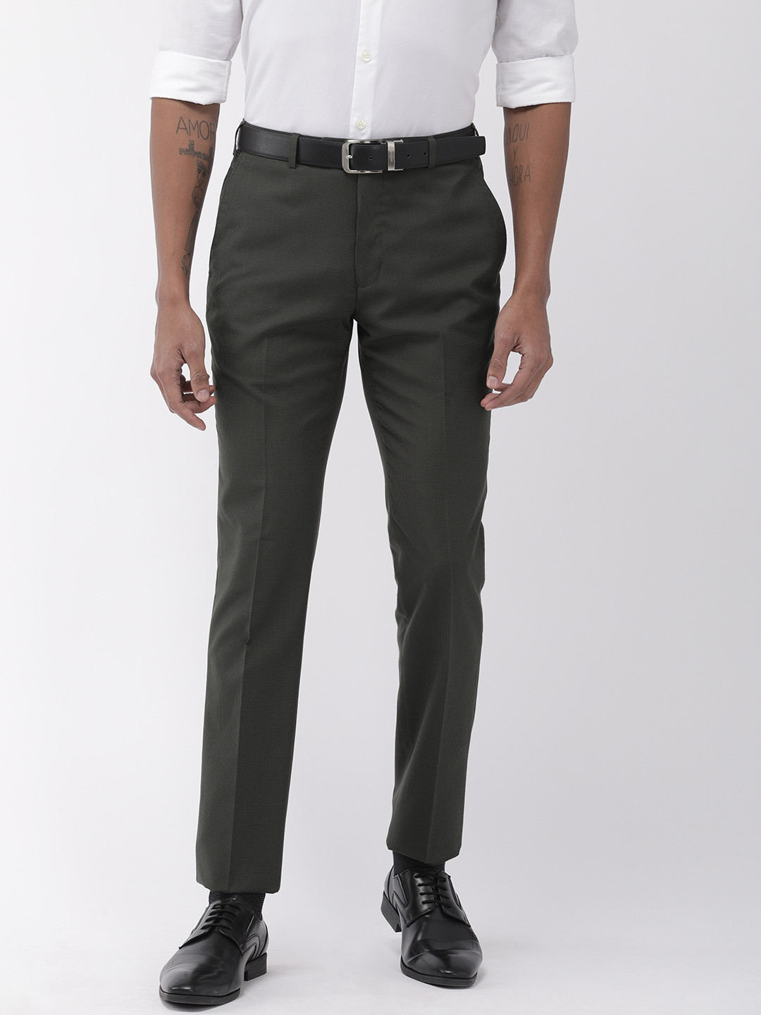Raymond Men Black & Green Slim Fit Checked Formal Trousers