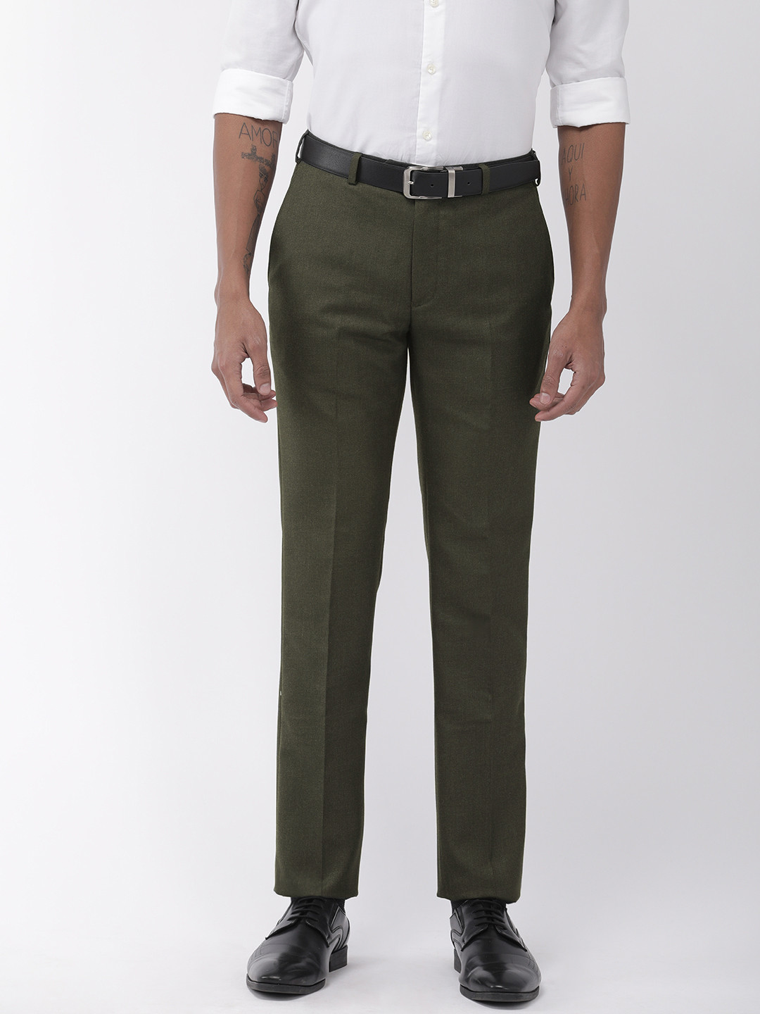 Raymond Men Olive Green Slim Fit Solid Formal Trousers
