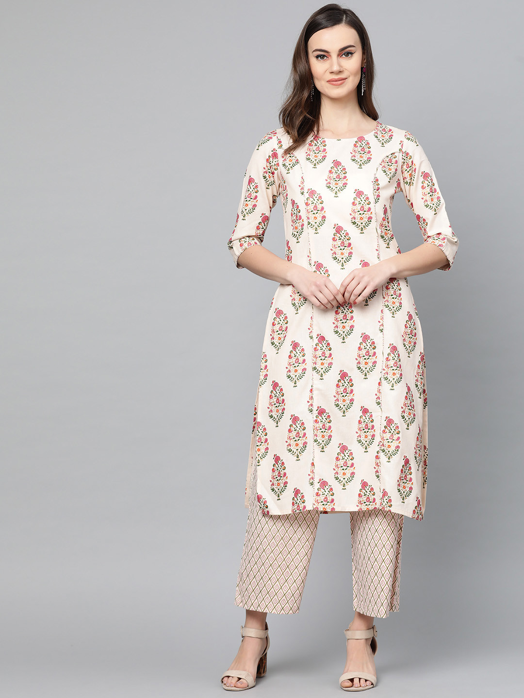 Popnetic Women Cream-Coloured & Pink Block Printed Kurta with Palazzos