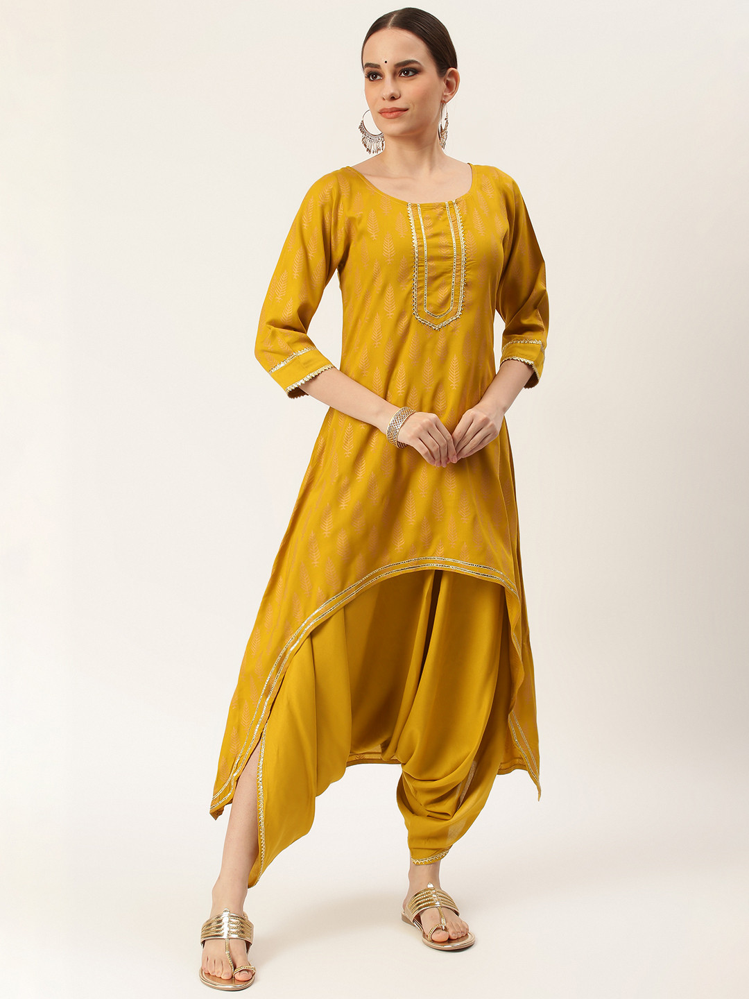 Rustorange Women Mustard & Gold-Toned Printed Fusion Kurta with Dhoti Pants