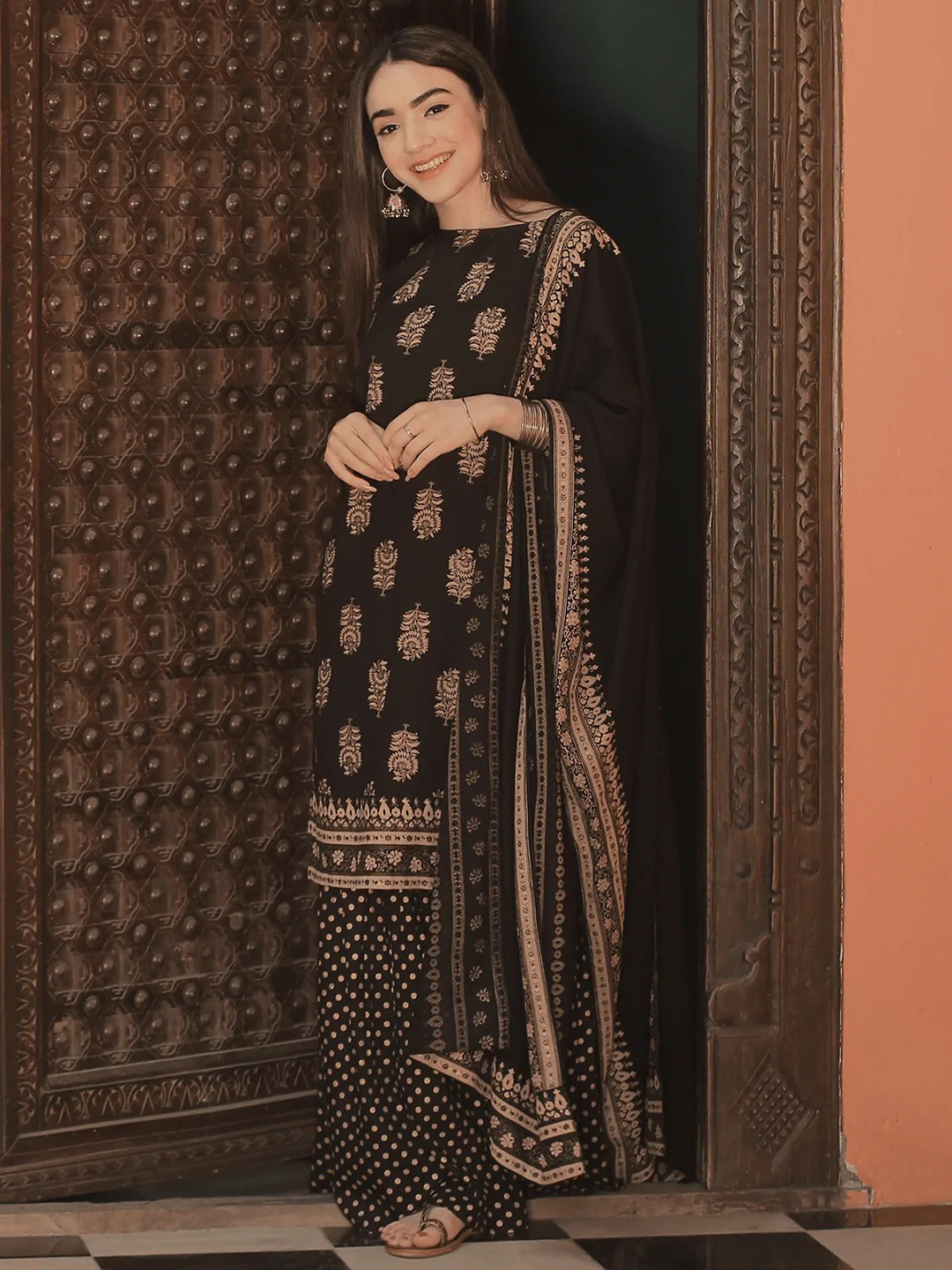 Rustorange Women Black & Golden Printed Kurta with Sharara & Dupatta