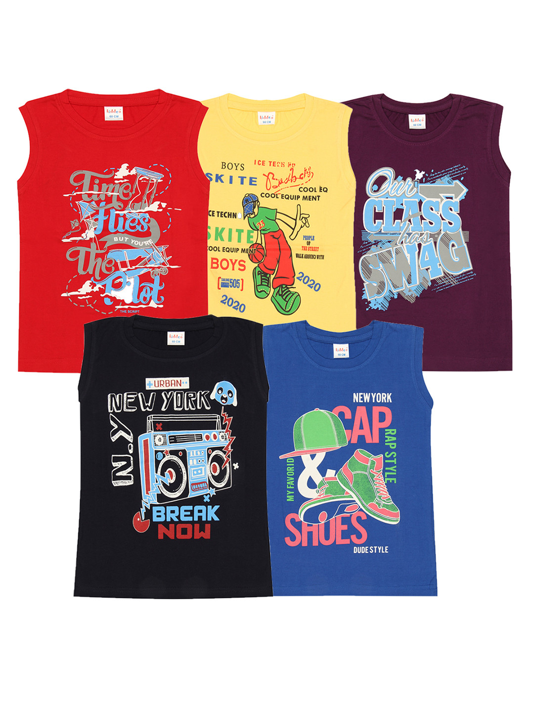 Kiddeo Boys Pack of 5 Printed Round Neck Pure Cotton T-shirt