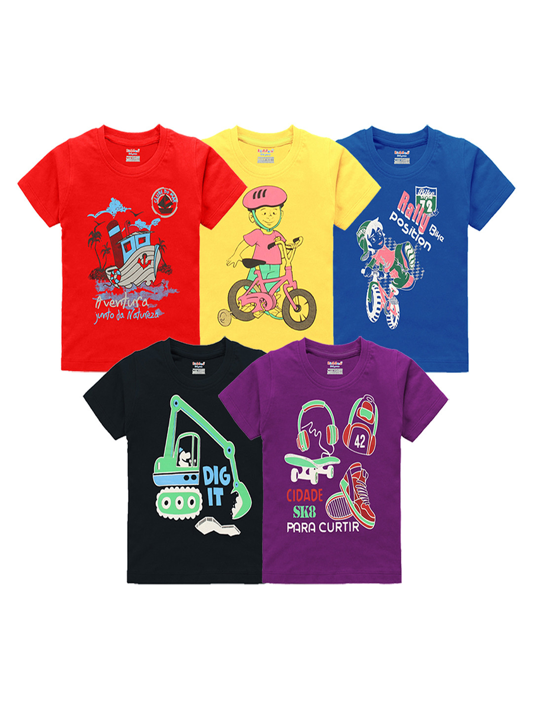Kiddeo Boys Pack of 5 Multicoloured Printed Round Neck Pure Cotton T-shirts