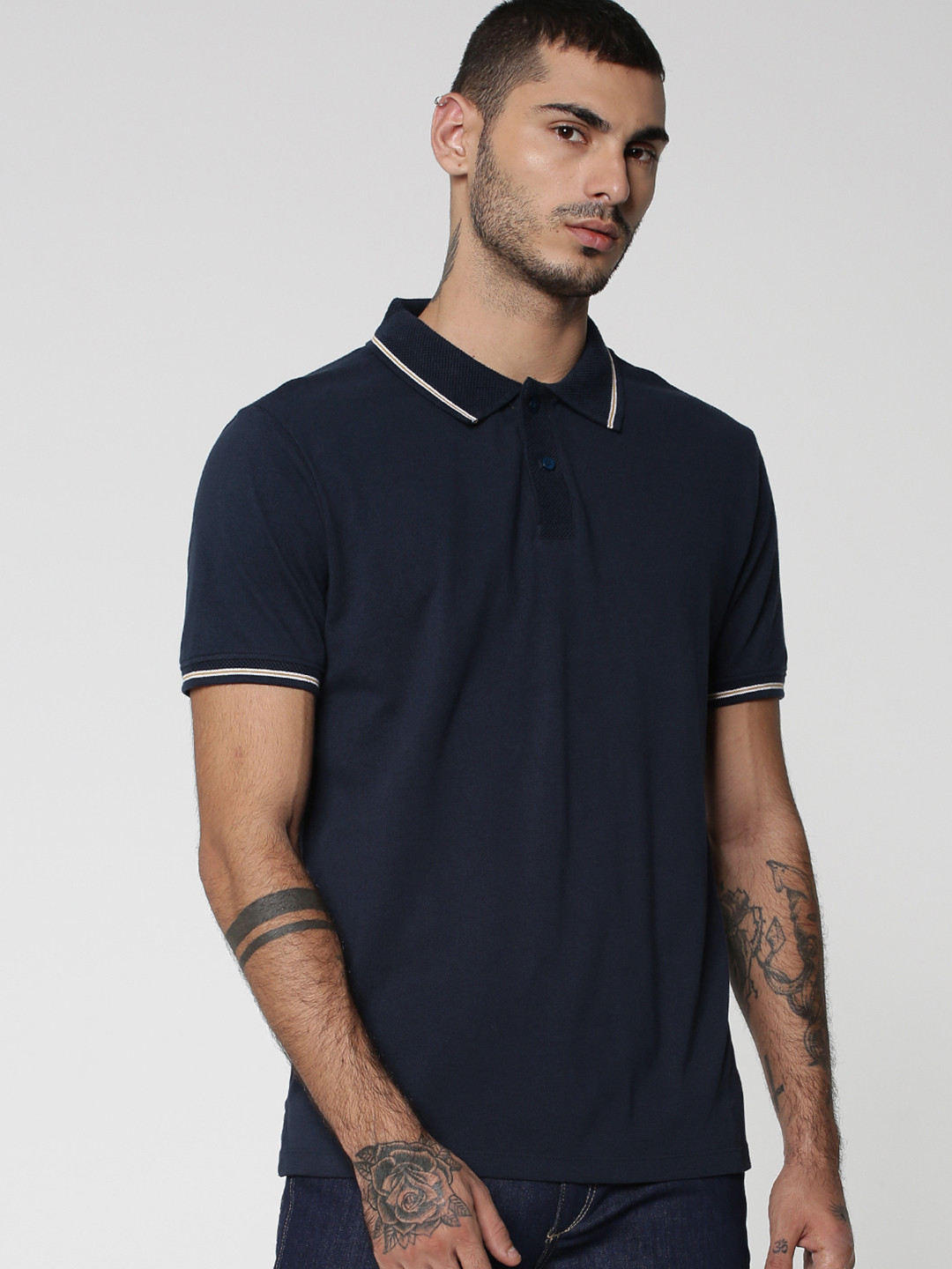 Jack & Jones Men Navy Blue Solid Polo Collar T-shirt