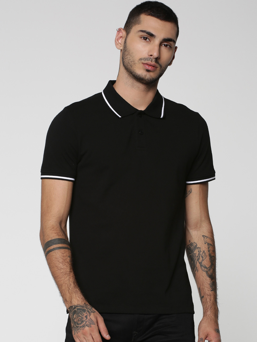 Jack & Jones Men Black Solid Polo Collar T-shirt
