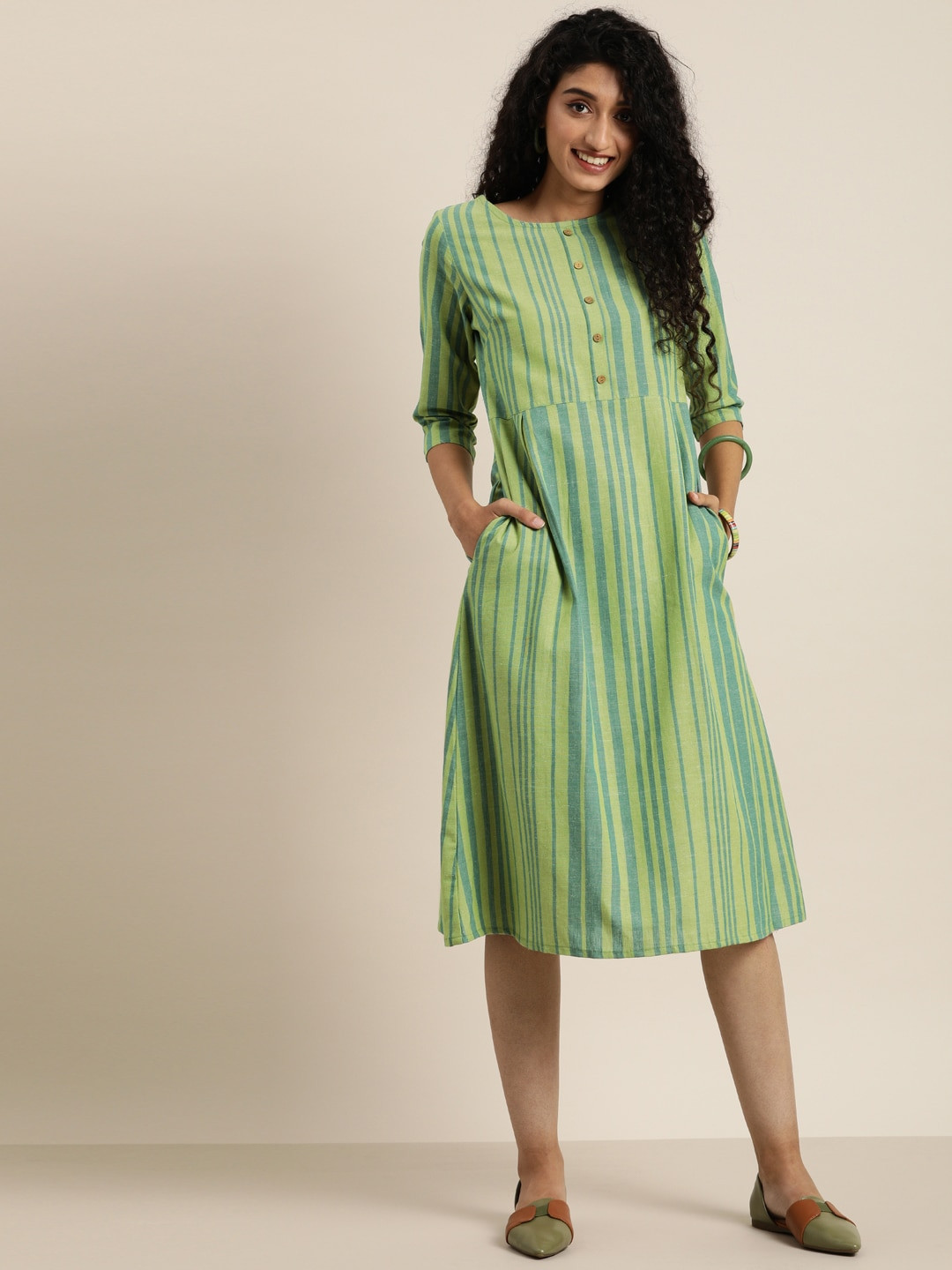 Taavi Women Teal Blue & Green Striped Woven Legacy A-Line Dress with Pockets