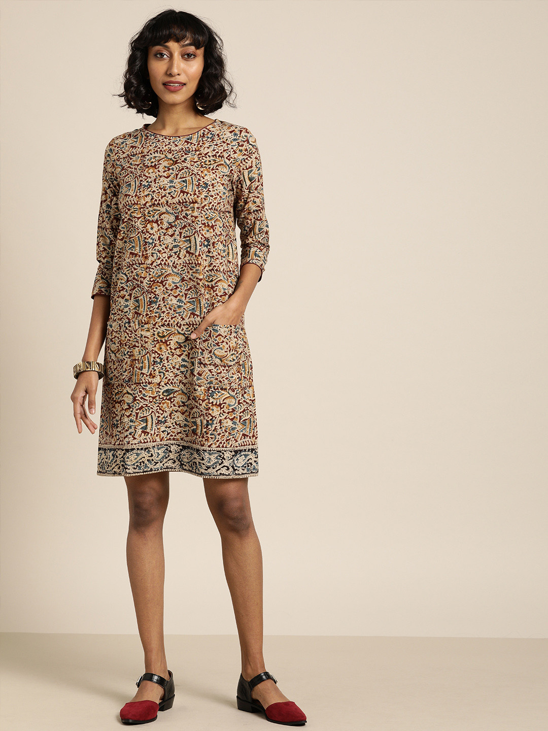 Taavi Beige & Maroon Kalamkari Block Print A-Line Pure Cotton Dress With Pocket Detailing