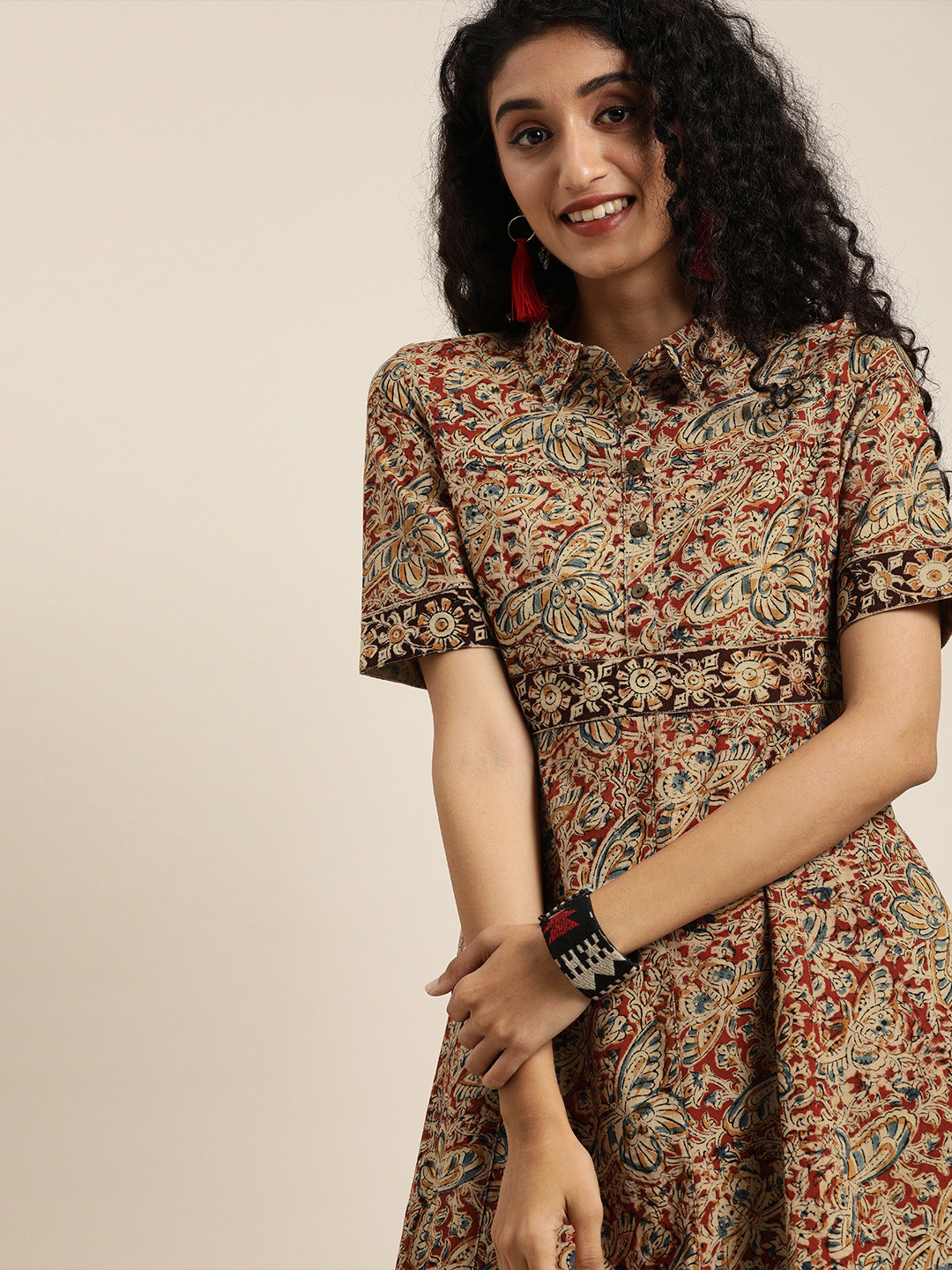 Taavi Women Beige & Red Kalamlari Hand Block Print Fit & Flare Dress with Pockets