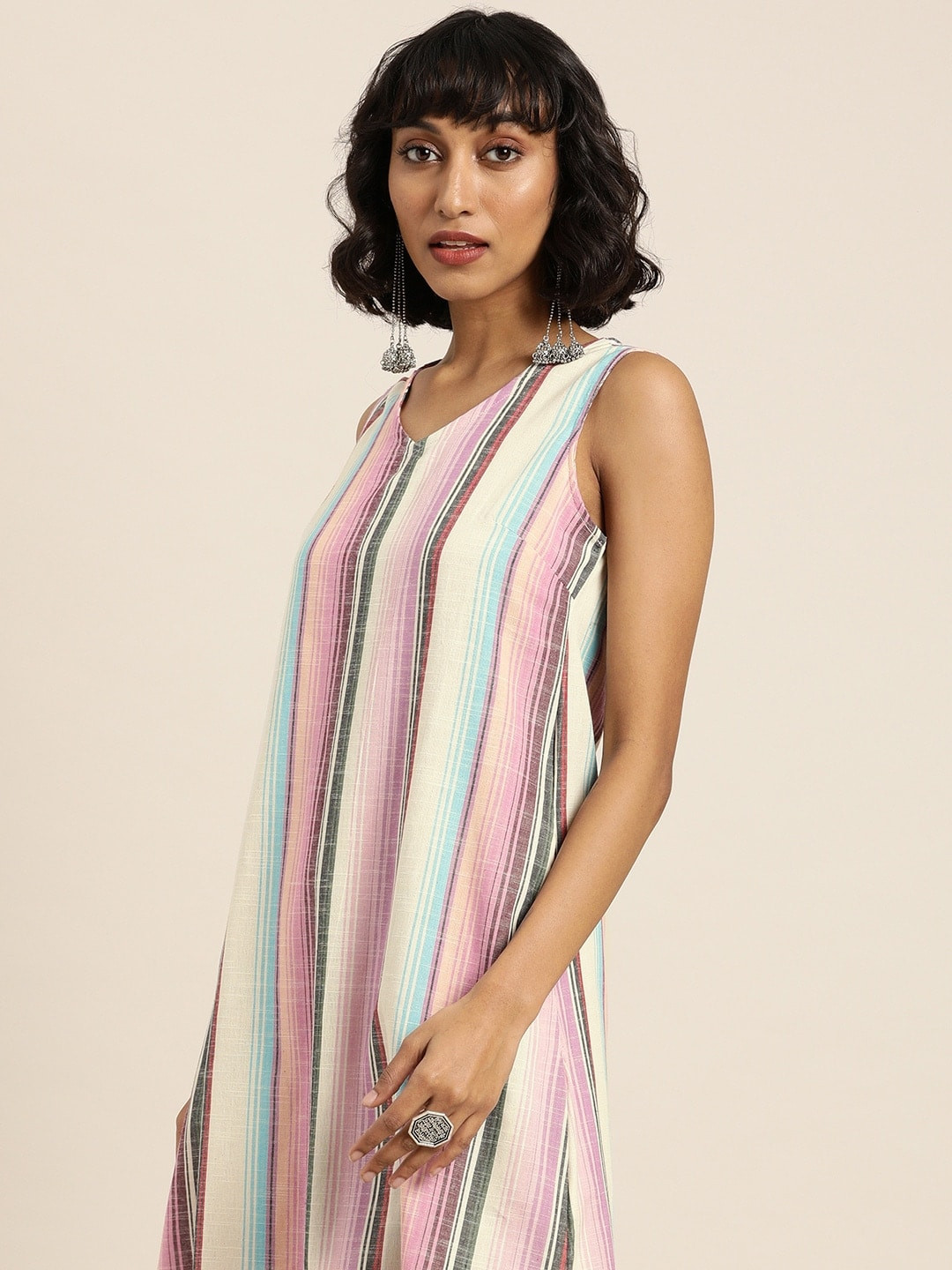 Taavi Women Multicoloured Striped Woven Legacy Straight  Kurta With Insert Pockets