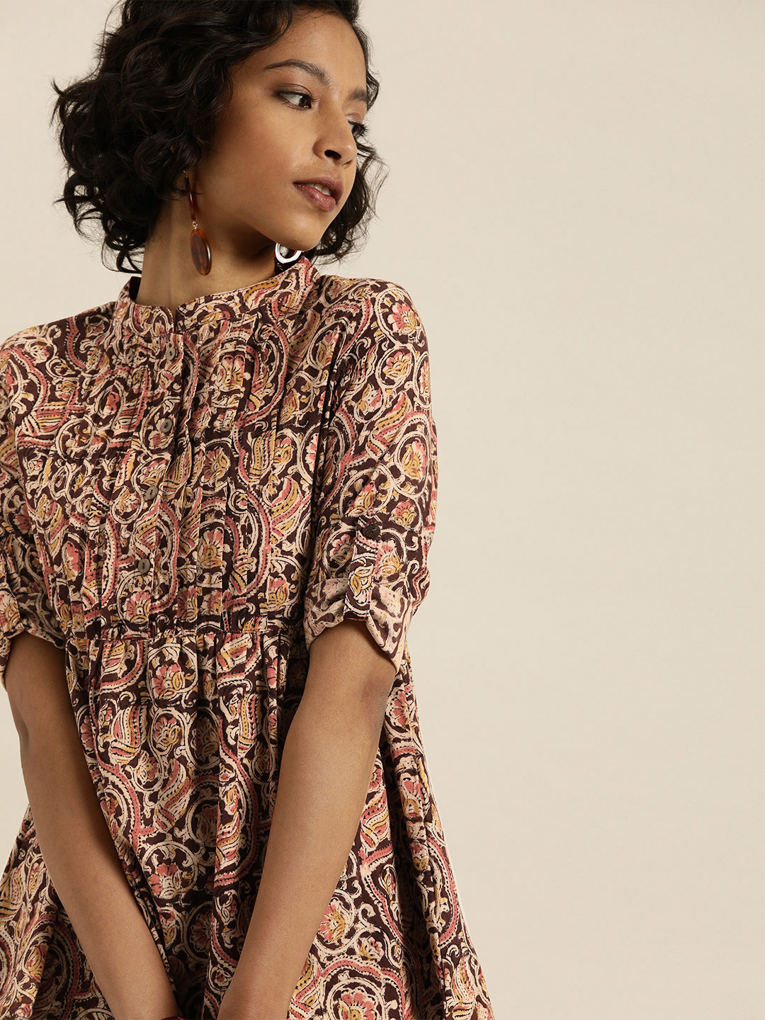 Taavi Women Maroon & Beige Kalamkari Hand Block Print Sustainable Pure Cotton Top with Roll-Up Sleeves