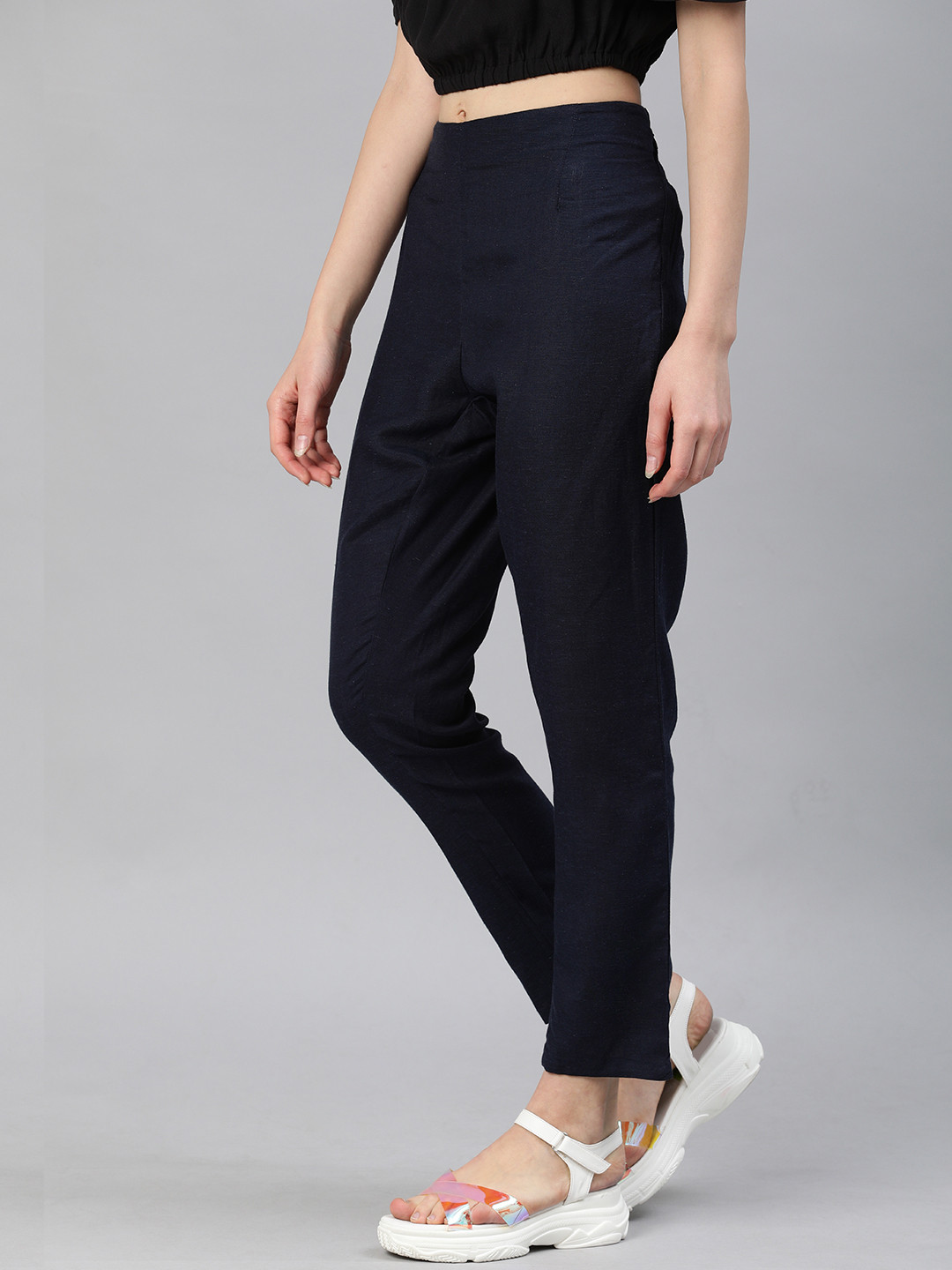 HERE&NOW Women Navy Blue Regular Fit Solid Cropped Peg Trousers