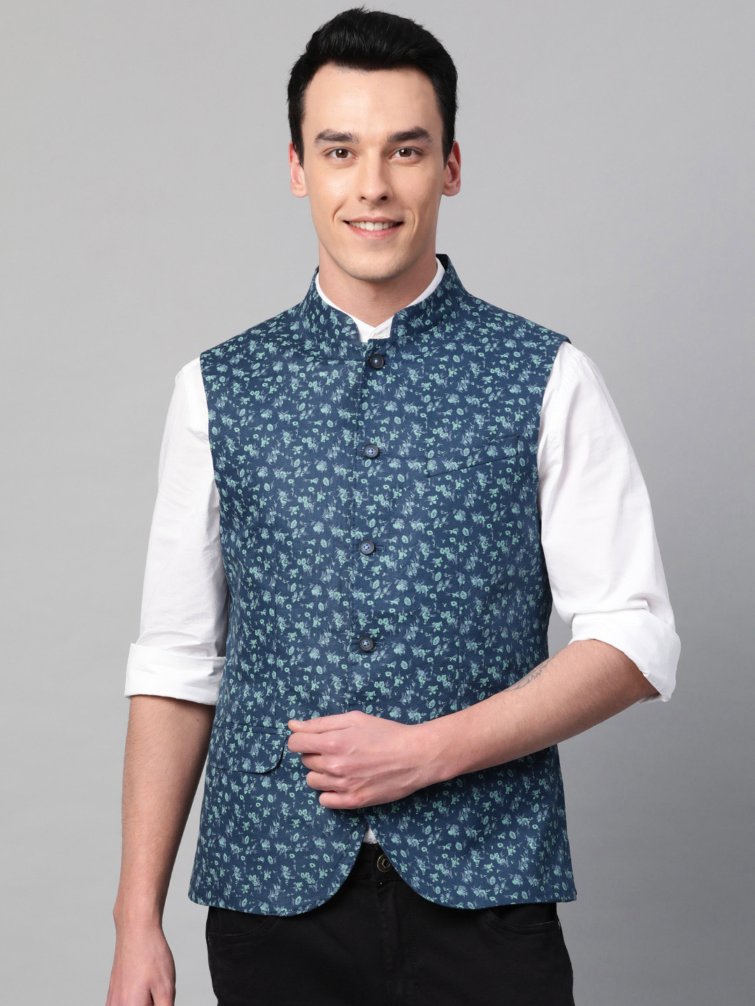 Blackberrys Men Navy Blue & Green Woven Design Linen Slim Fit Nehru Jacket