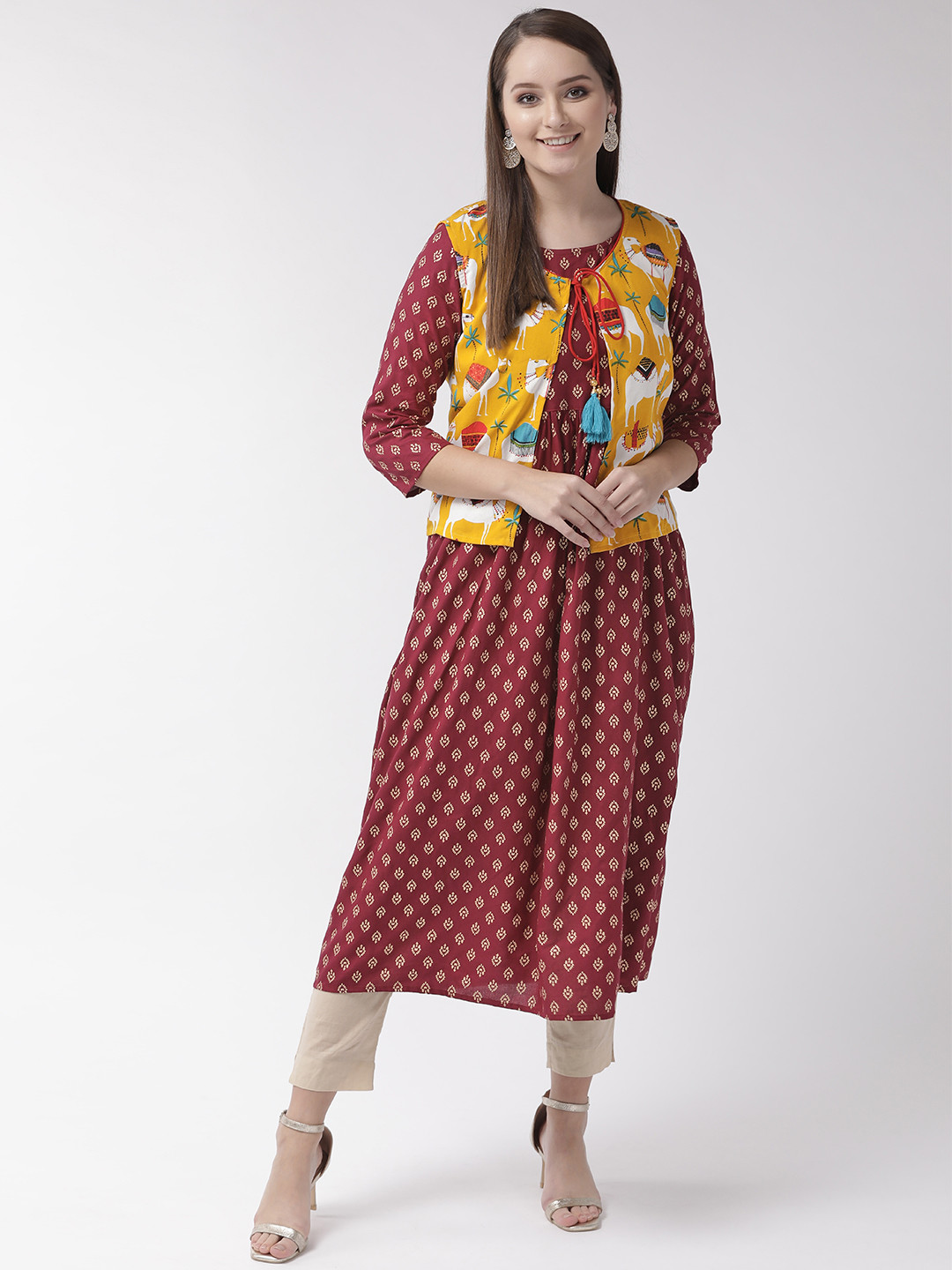 RANGMAYEE Women Burgundy & Golden Layered Printed A-Line Kurta