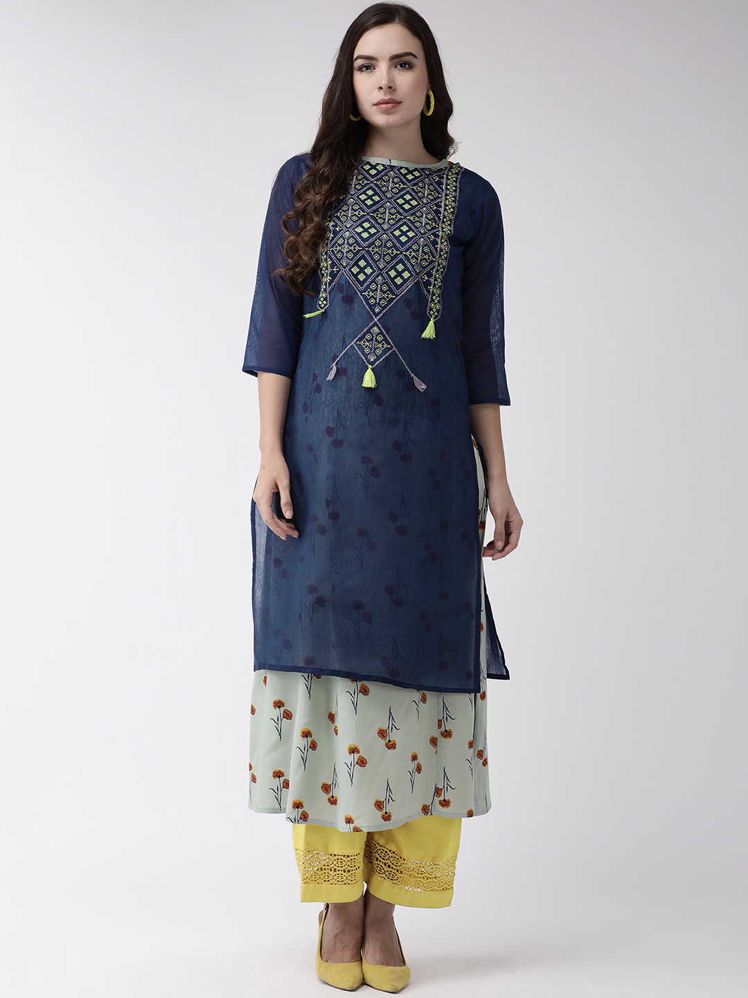 RANGMAYEE Women Navy Blue & Green Yoke Design A-Line Kurta