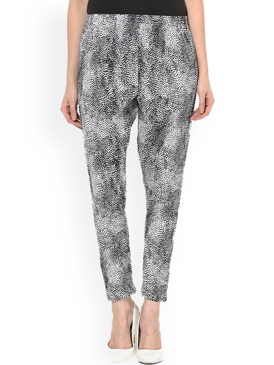 Miss Chase Black & White Printed Ankle-Length Casual Trousers