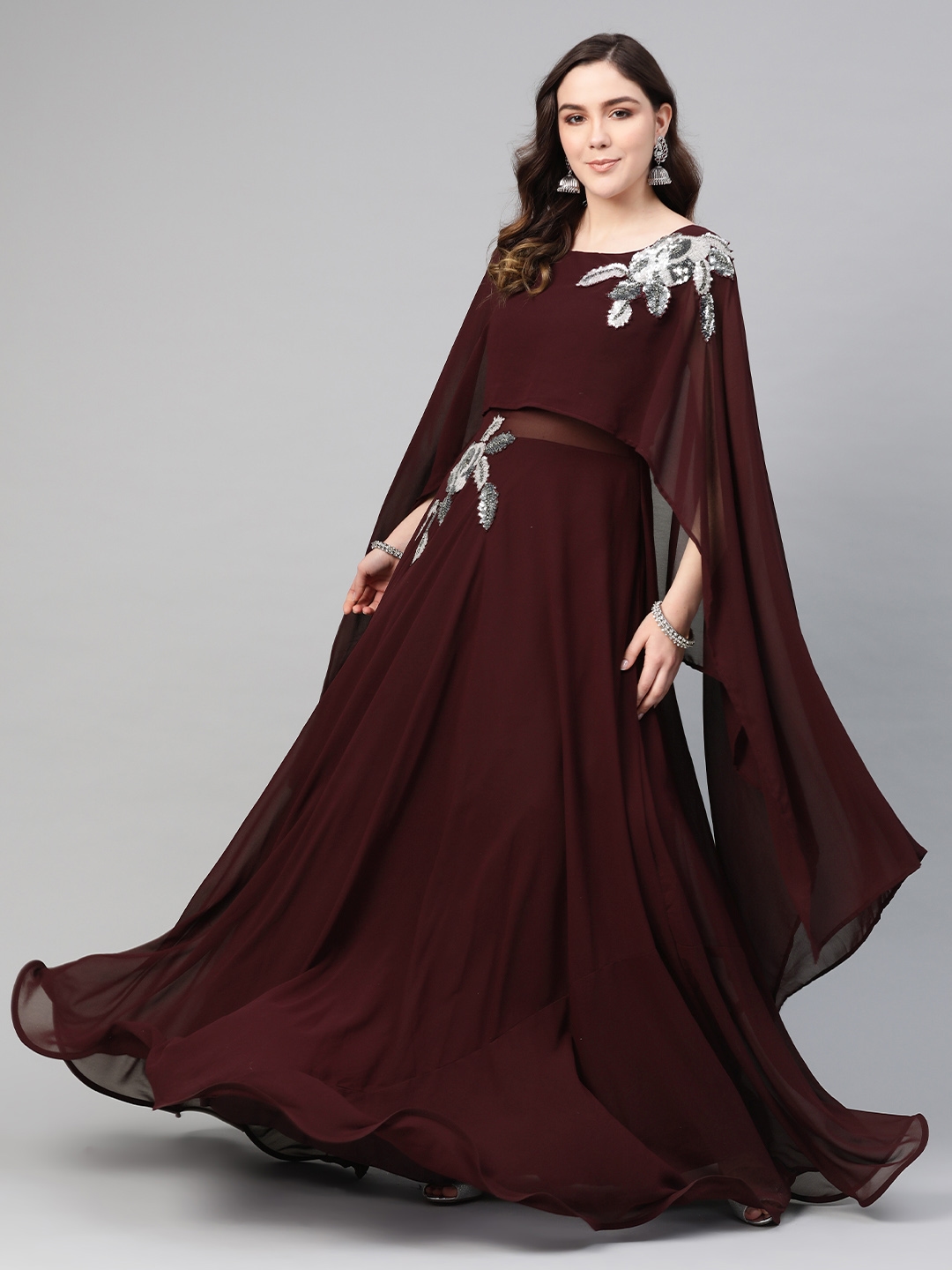 Chhabra 555 Women Burgundy Solid Made to Measure Cocktail Gown