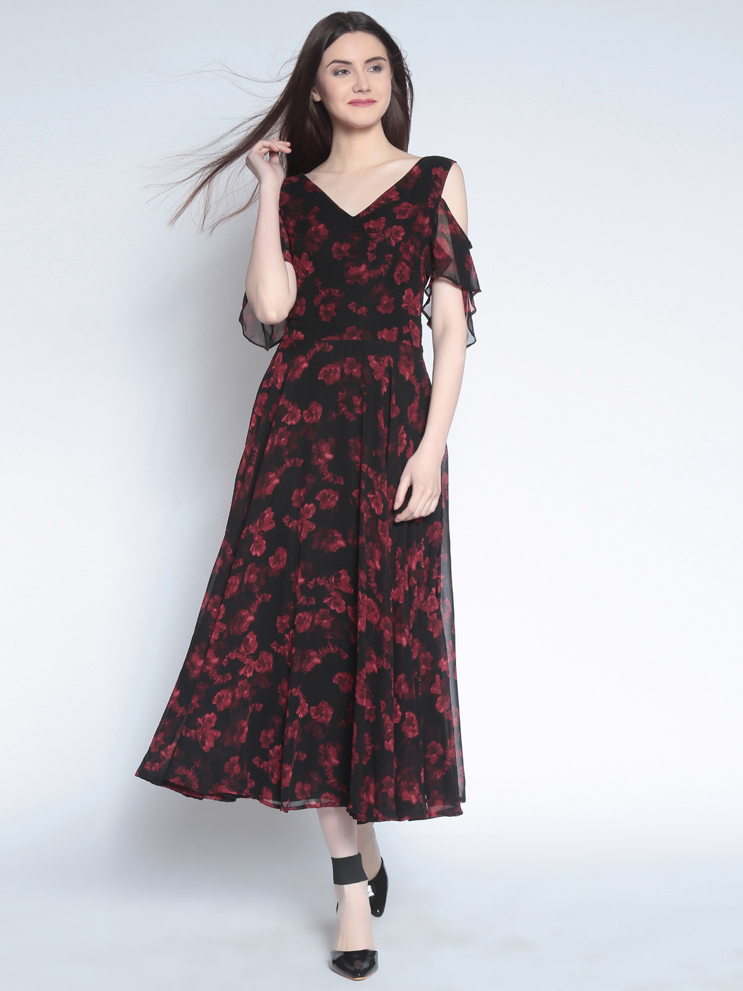 RARE Women Black & Red Floral Print Party Maxi Dress