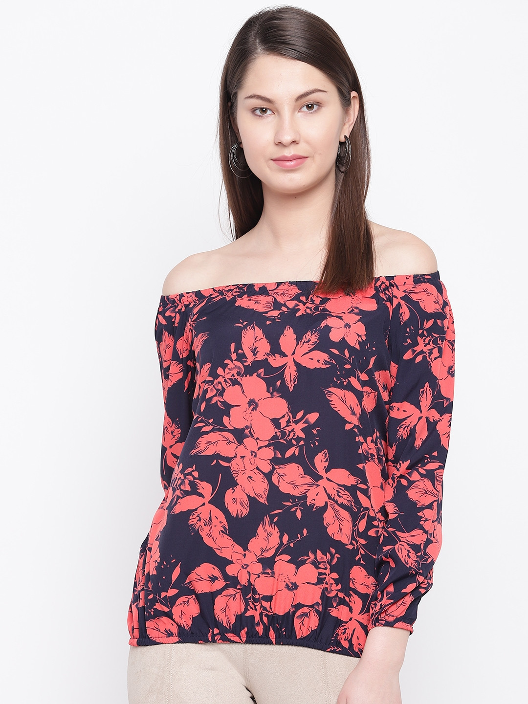 RARE Women Navy & Coral Red Printed Bardot Top