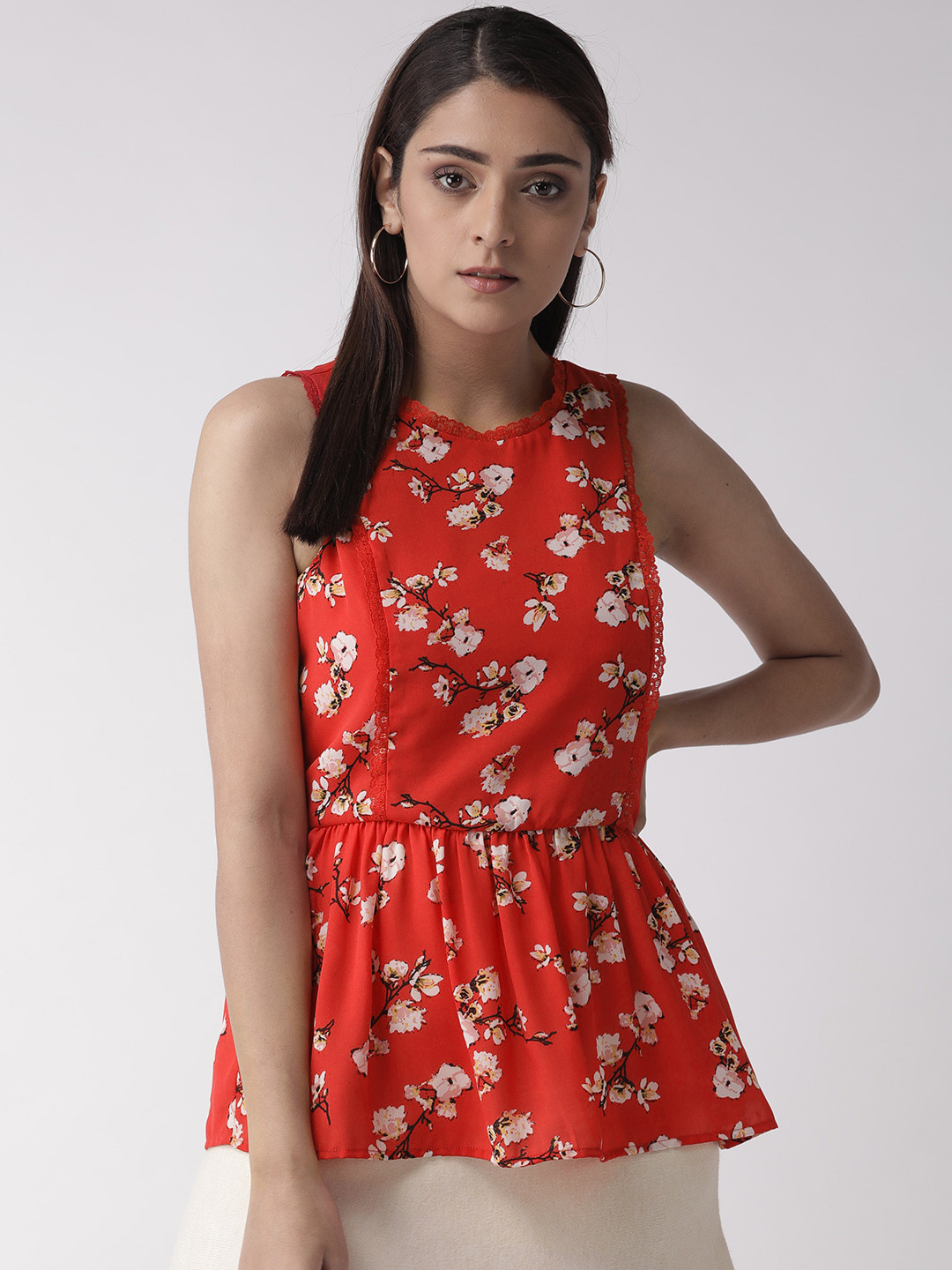 QUIERO Women Red & Off White Printed A-Line Top