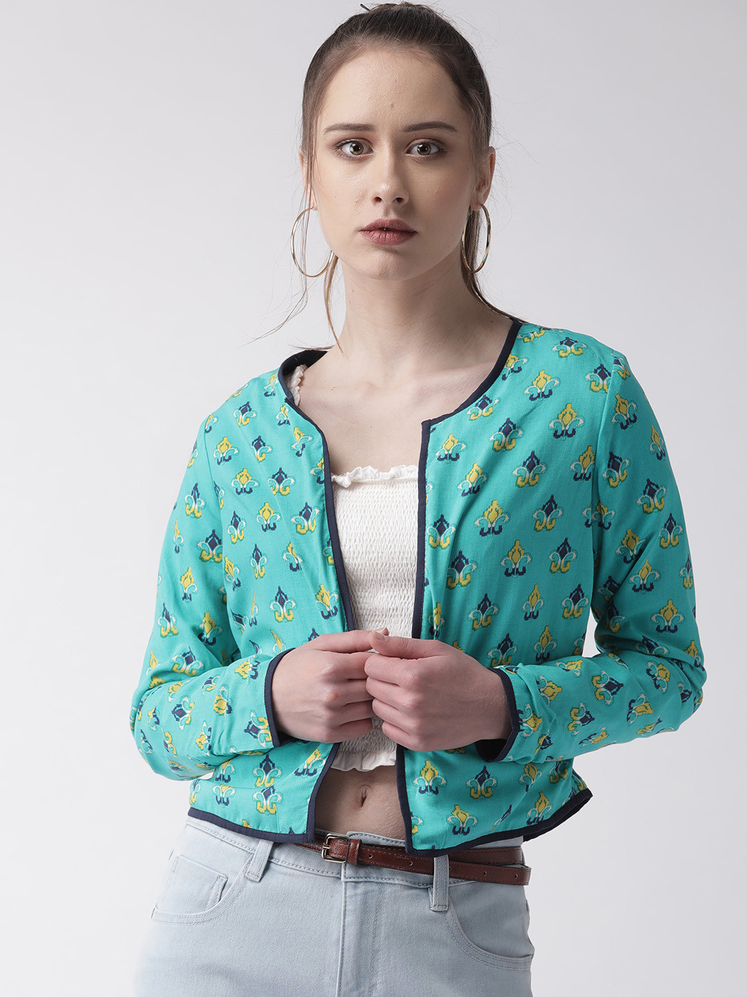 QUIERO Women Green & Navy Blue Printed Lightweight Tailored Jacket