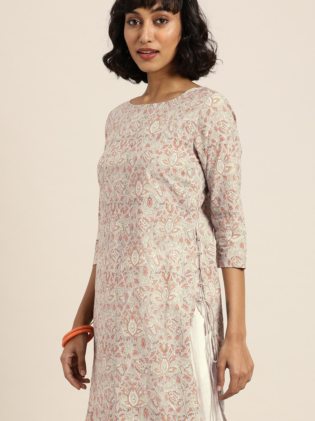 Taavi Women Grey & Orange Hand Block Print Legacy Straight Kurta with Tie-Ups