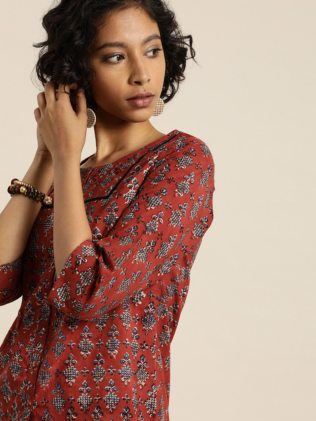 Taavi Women Red & Navy Blue Bagru Hand Block Print Regular Sustainable Pure Cotton Top With Full Button Placket