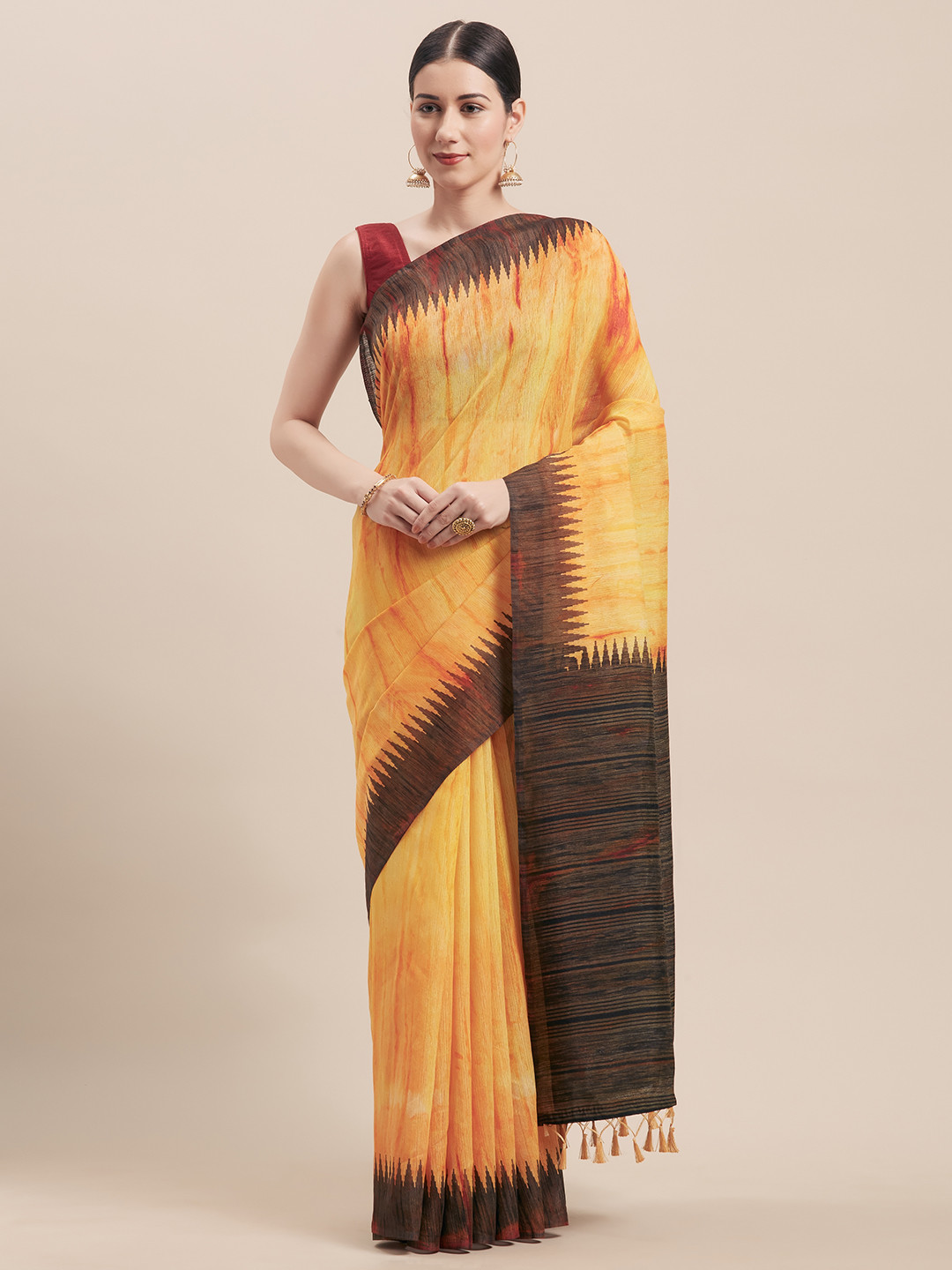 Rajnandini Yellow & Black Cotton Blend Printed Saree