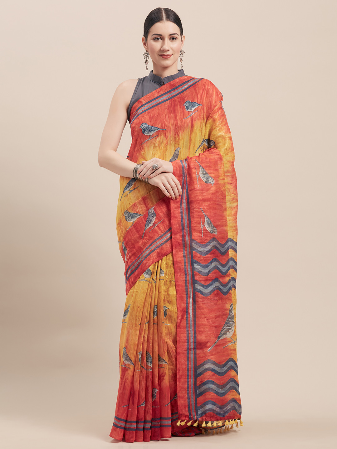 Rajnandini Yellow & Red Cotton Blend Printed Saree