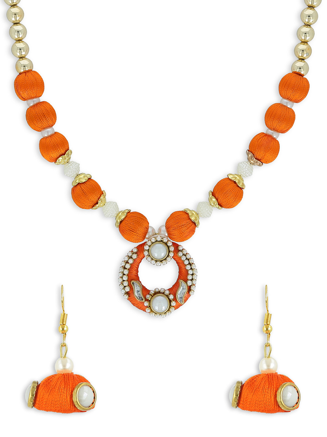 AKSHARA Girls Orange & Gold-Toned Kundan Studded Handcrafted Beaded Jewellery Set