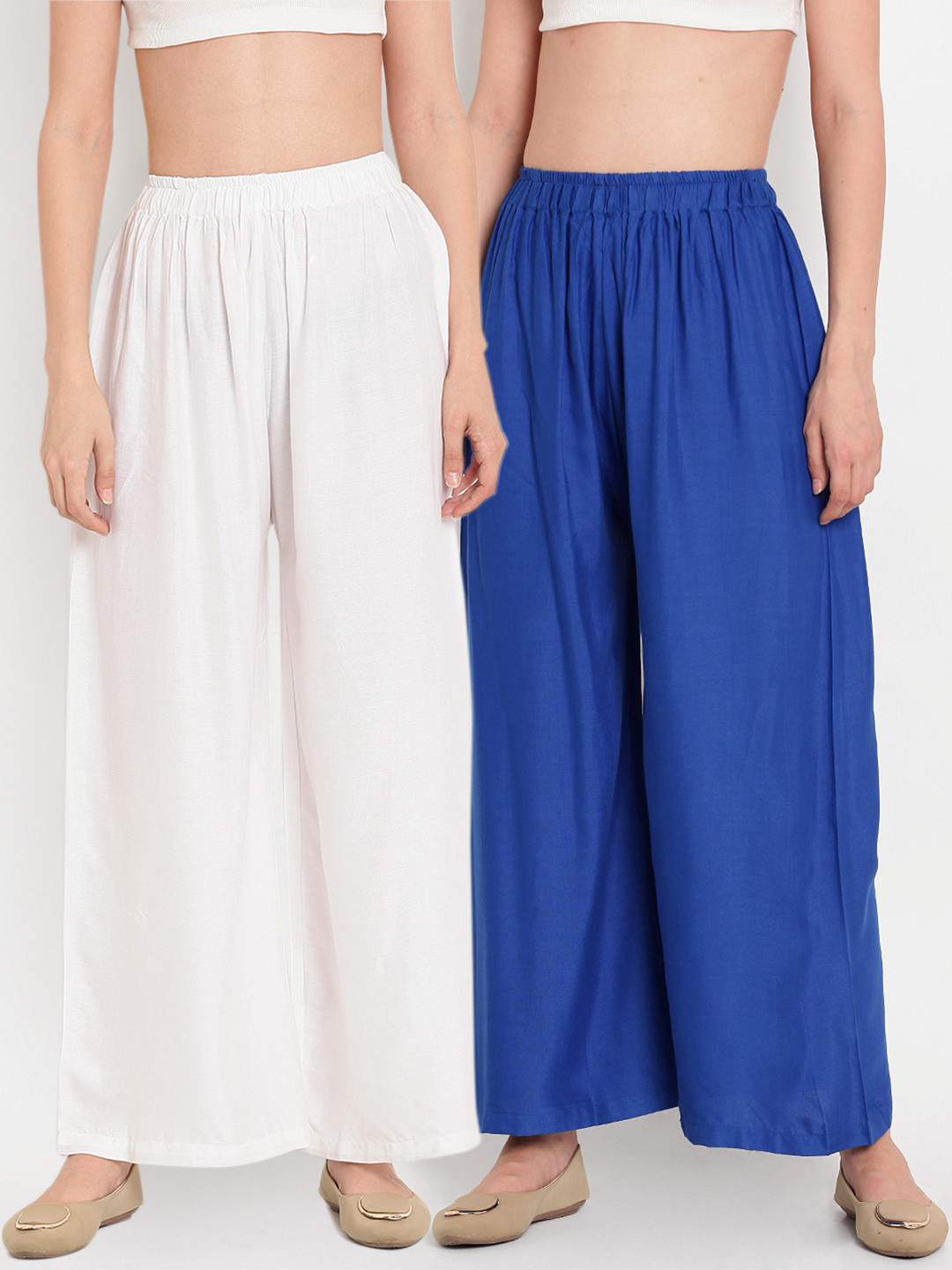 TAG 7 Women Set of 2 White & Blue Solid Flared Palazzos