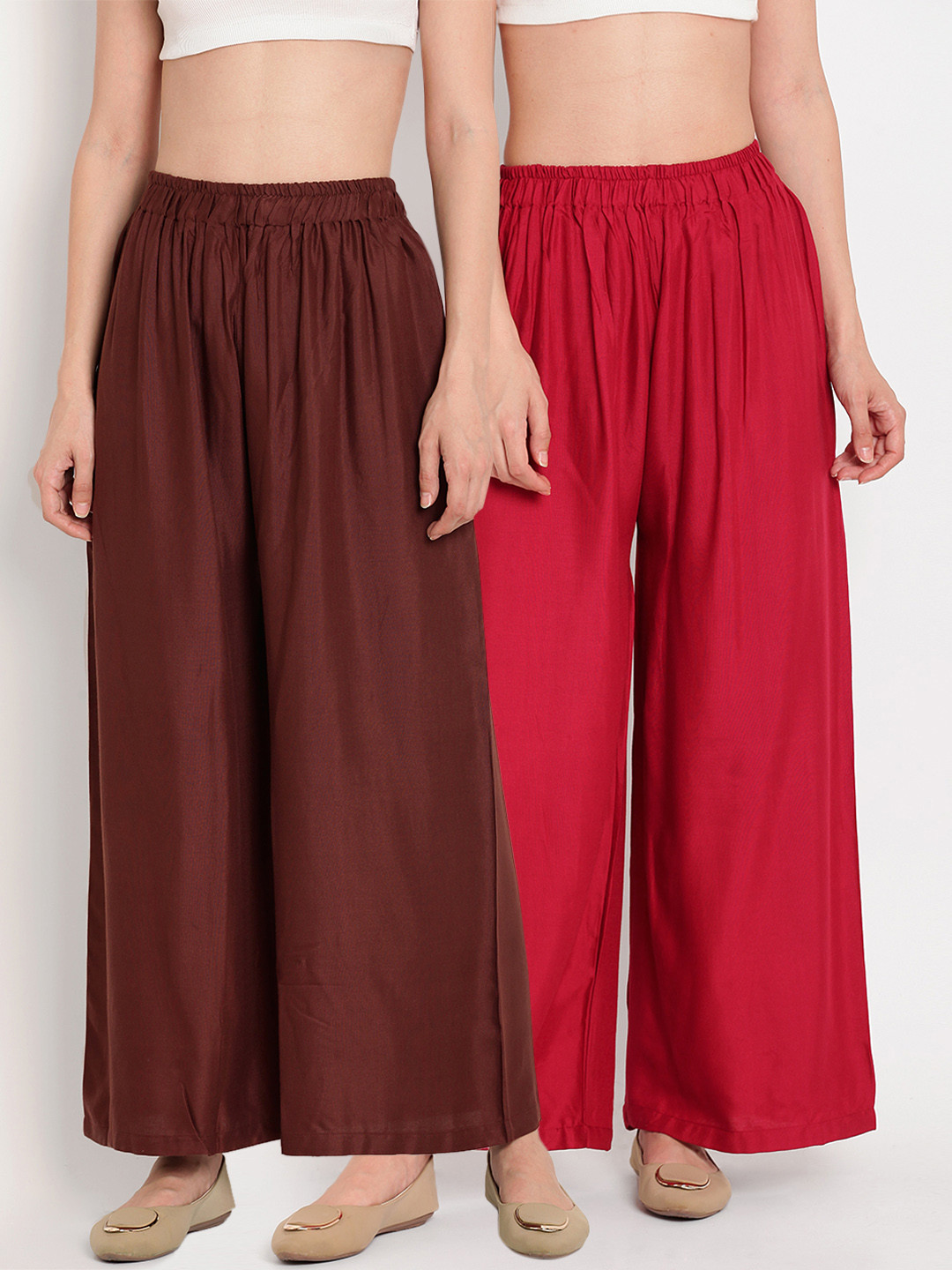 TAG 7 Women Pack Of 2 Brown & Maroon Solid Flared Palazzos