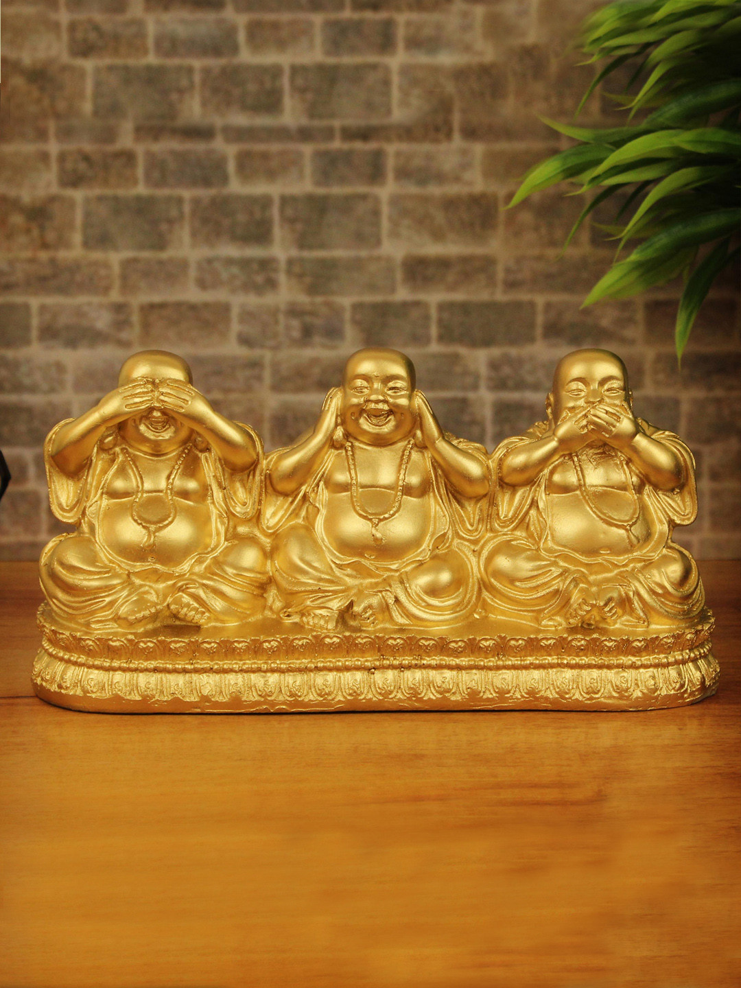TIED RIBBONS Laughing Buddha Gold Polyresin Matte Living Room Set of 3 Small Showpieces - 4.3 Inches