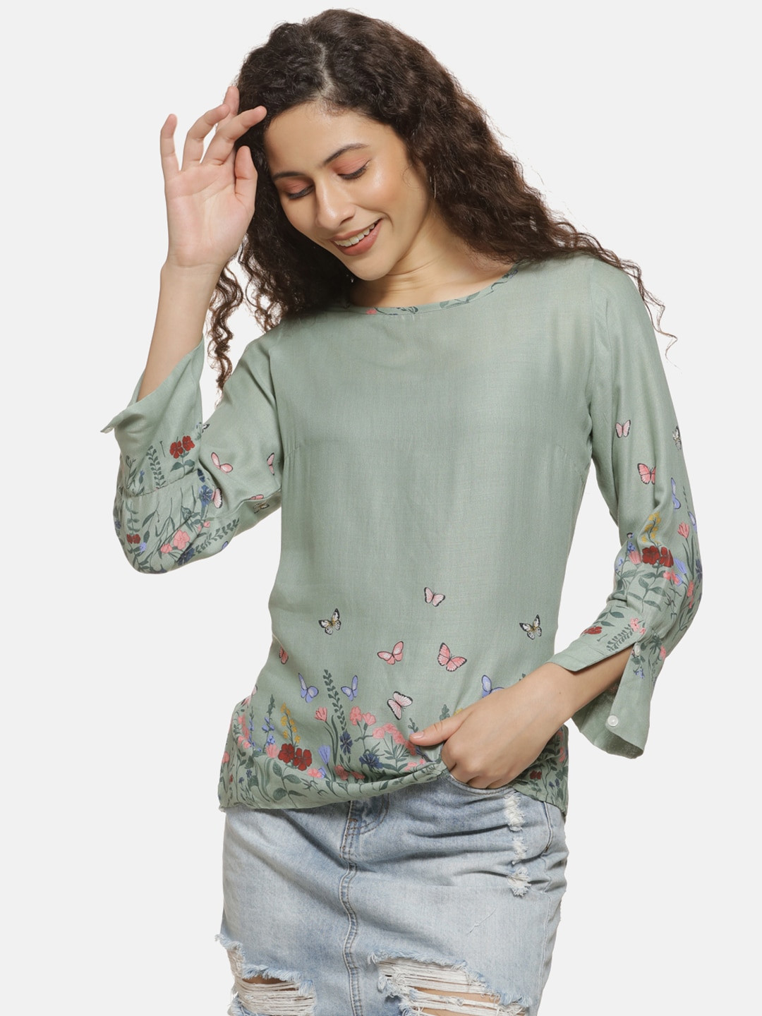 Campus Sutra Teal Green Floral Round Neck Top